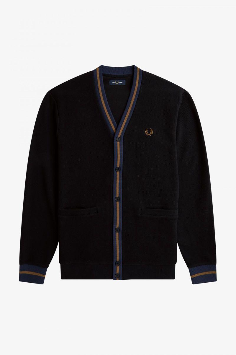 Black Fred Perry Tipped Piqué Textured Cardigan Men's Knitwear | PH 1326HAPK